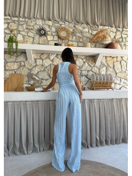 TERS DİKİŞ HALTER YAKA CROP VE PANTOLONLU İKİLİ TAKIM MAVİ