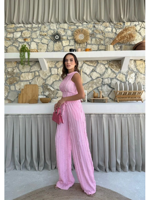 TERS DİKİŞ HALTER YAKA CROP VE PANTOLONLU İKİLİ TAKIM PEMBE