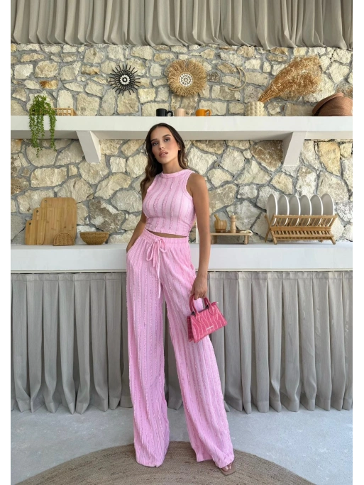 TERS DİKİŞ HALTER YAKA CROP VE PANTOLONLU İKİLİ TAKIM PEMBE