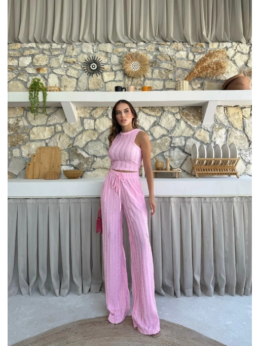 TERS DİKİŞ HALTER YAKA CROP VE PANTOLONLU İKİLİ TAKIM PEMBE