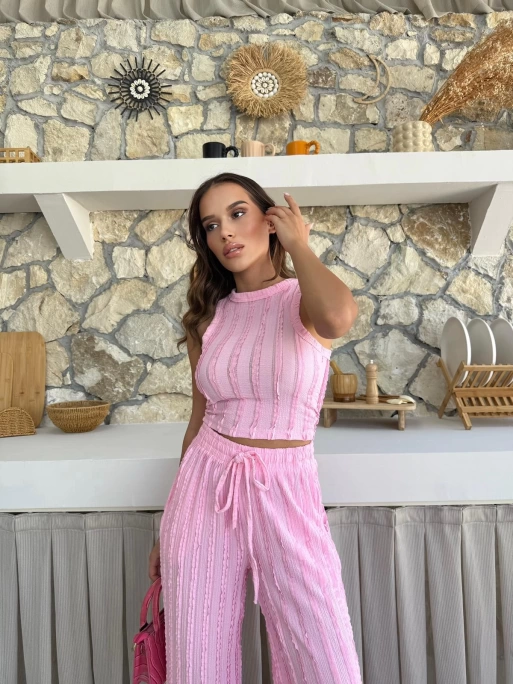 TERS DİKİŞ HALTER YAKA CROP VE PANTOLONLU İKİLİ TAKIM PEMBE