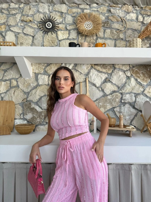 TERS DİKİŞ HALTER YAKA CROP VE PANTOLONLU İKİLİ TAKIM PEMBE