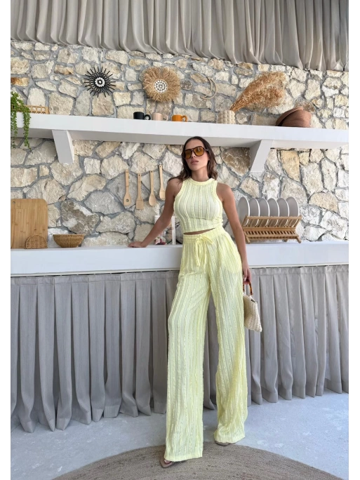TERS DİKİŞ HALTER YAKA CROP VE PANTOLONLU İKİLİ TAKIM SARI