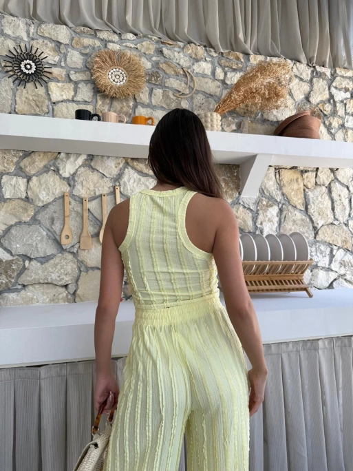 TERS DİKİŞ HALTER YAKA CROP VE PANTOLONLU İKİLİ TAKIM SARI