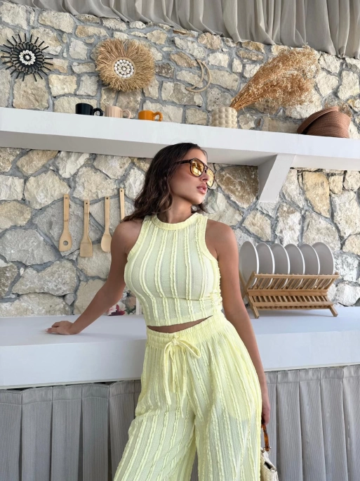 TERS DİKİŞ HALTER YAKA CROP VE PANTOLONLU İKİLİ TAKIM SARI