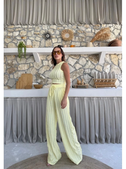 TERS DİKİŞ HALTER YAKA CROP VE PANTOLONLU İKİLİ TAKIM SARI