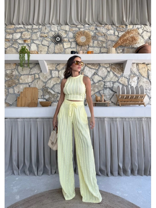 TERS DİKİŞ HALTER YAKA CROP VE PANTOLONLU İKİLİ TAKIM SARI