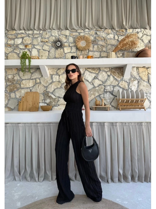TERS DİKİŞ HALTER YAKA CROP VE PANTOLONLU İKİLİ TAKIM SİYAH