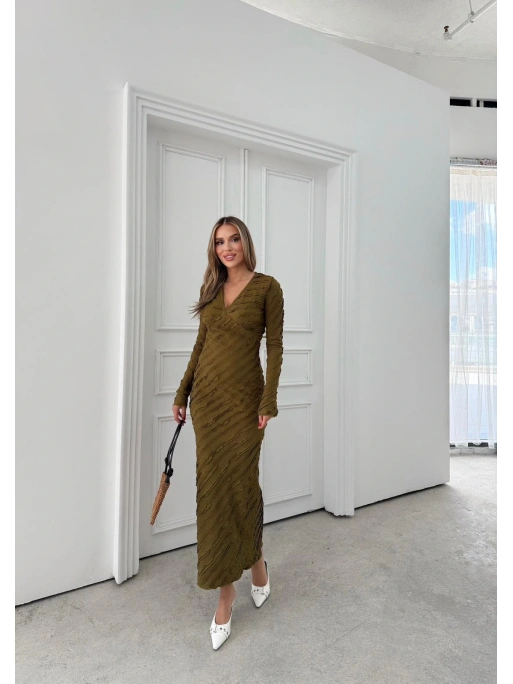 TERS DİKİŞ V YAKA GOFRE UZUN KALEM ELBİSE YEŞİL