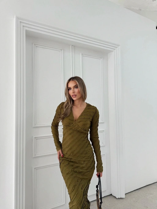 TERS DİKİŞ V YAKA GOFRE UZUN KALEM ELBİSE YEŞİL