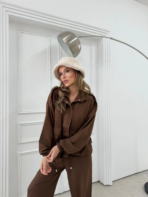 TORBA CEPLİ OMUZ APOLETLİ HIRKA VE PANTOLONLU MODAL İKİLİ TAKIM KAHVE