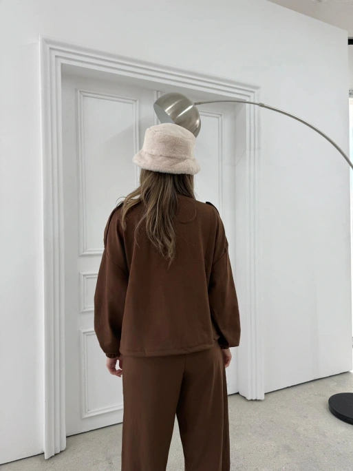 TORBA CEPLİ OMUZ APOLETLİ HIRKA VE PANTOLONLU MODAL İKİLİ TAKIM KAHVE