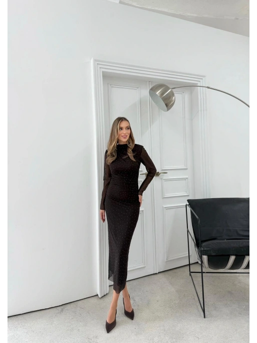 TÜL ASTARLI BEL DRAPE DETAY TAŞLI ELBİSE KAHVE