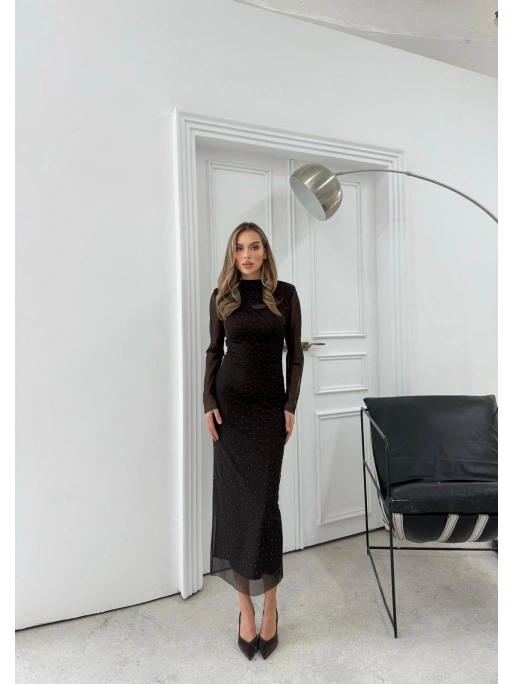 TÜL ASTARLI BEL DRAPE DETAY TAŞLI ELBİSE KAHVE