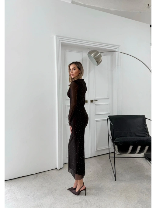 TÜL ASTARLI BEL DRAPE DETAY TAŞLI ELBİSE KAHVE