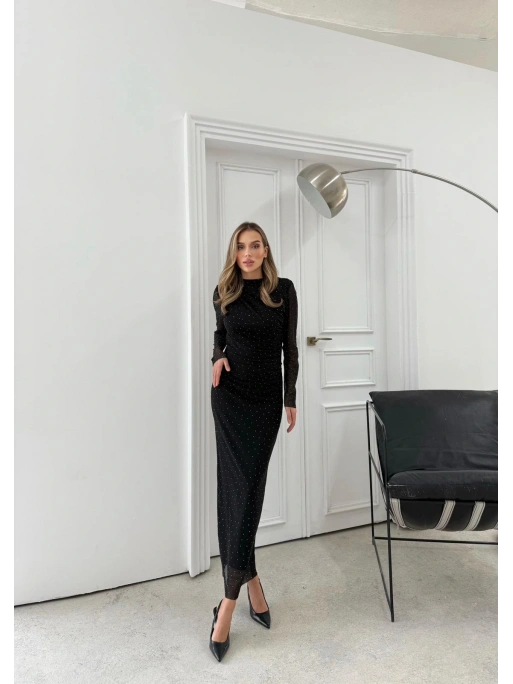 TÜL ASTARLI BEL DRAPE DETAY TAŞLI ELBİSE SİYAH