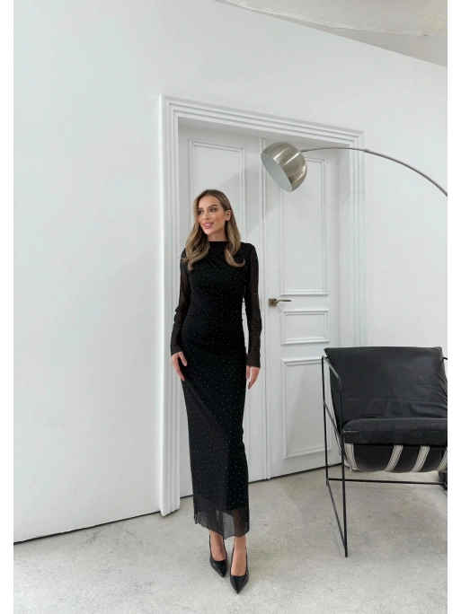 TÜL ASTARLI BEL DRAPE DETAY TAŞLI ELBİSE SİYAH