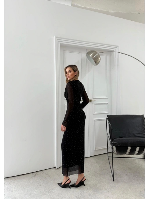 TÜL ASTARLI BEL DRAPE DETAY TAŞLI ELBİSE SİYAH