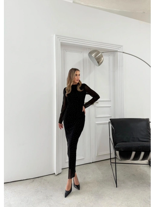 TÜL ASTARLI BEL DRAPE DETAY TAŞLI ELBİSE SİYAH