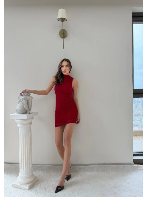 TÜL ASTARLI SIFIR KOL DRAPELİ ELBİSE KIRMIZI