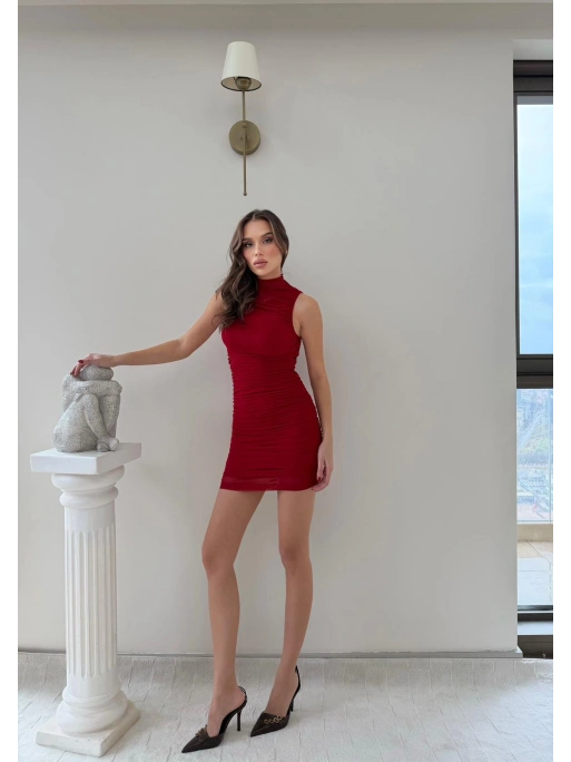 TÜL ASTARLI SIFIR KOL DRAPELİ ELBİSE KIRMIZI