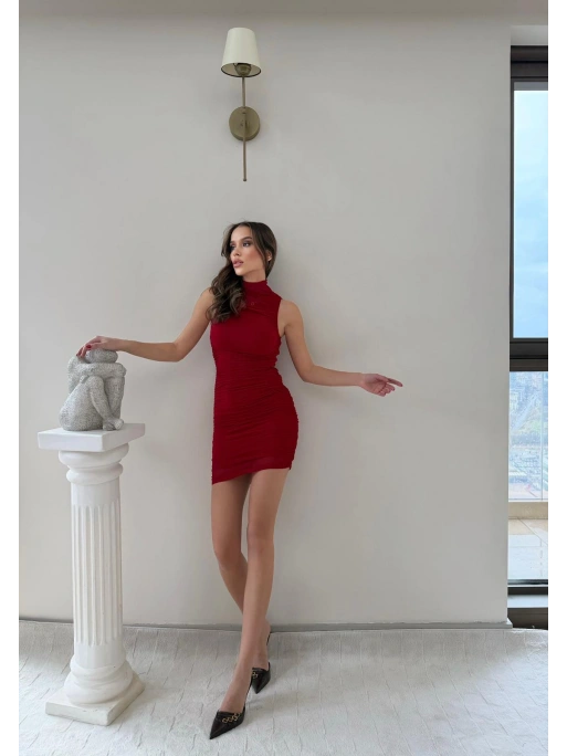 TÜL ASTARLI SIFIR KOL DRAPELİ ELBİSE KIRMIZI