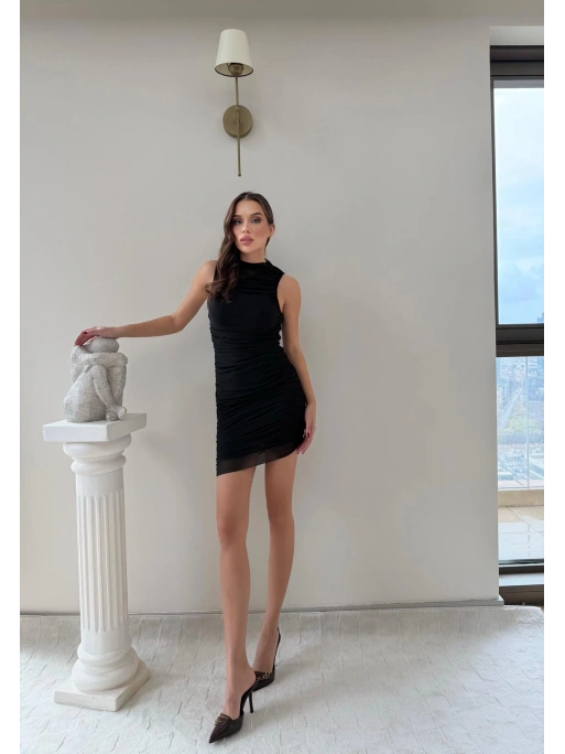 TÜL ASTARLI SIFIR KOL DRAPELİ ELBİSE SİYAH