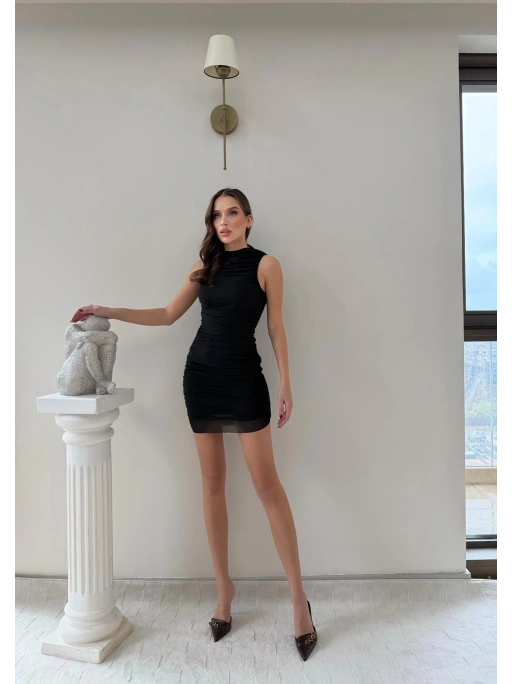 TÜL ASTARLI SIFIR KOL DRAPELİ ELBİSE SİYAH