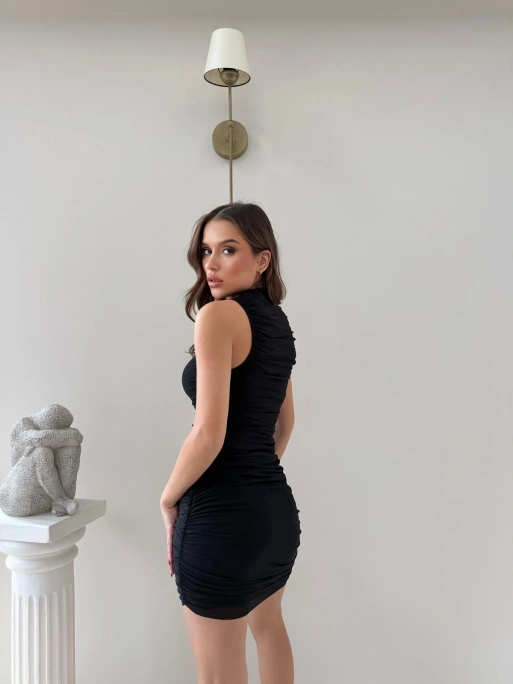 TÜL ASTARLI SIFIR KOL DRAPELİ ELBİSE SİYAH