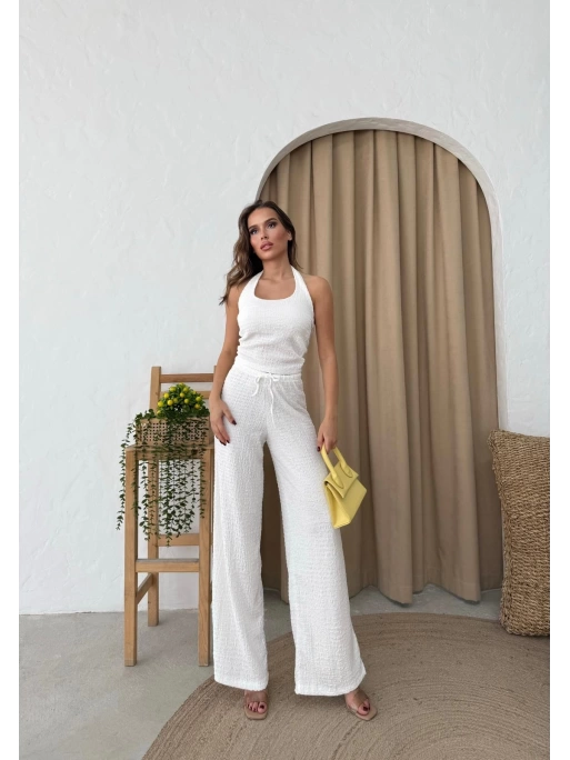 U YAKA SIRT DEKOLTE DETAY BLUZ VE PANTOLONLUGOFRE İKİLİ TAKIM BEYAZ