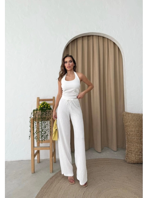 U YAKA SIRT DEKOLTE DETAY BLUZ VE PANTOLONLUGOFRE İKİLİ TAKIM BEYAZ