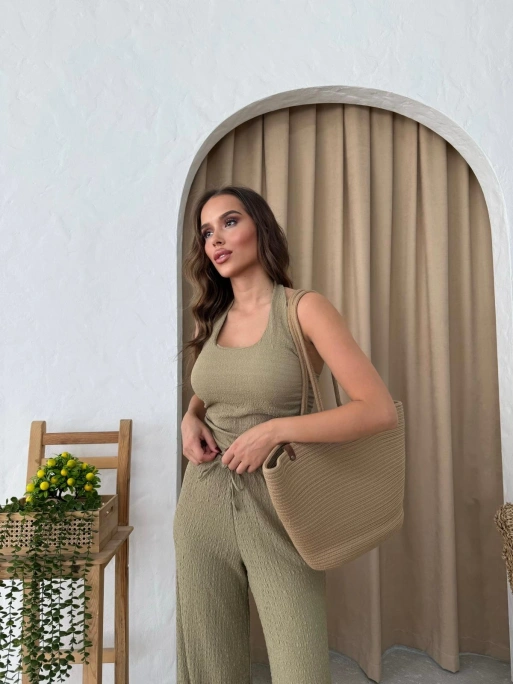 U YAKA SIRT DEKOLTE DETAY BLUZ VE PANTOLONLUGOFRE İKİLİ TAKIM HAKİ
