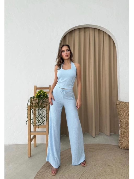 U YAKA SIRT DEKOLTE DETAY BLUZ VE PANTOLONLUGOFRE İKİLİ TAKIM MAVİ