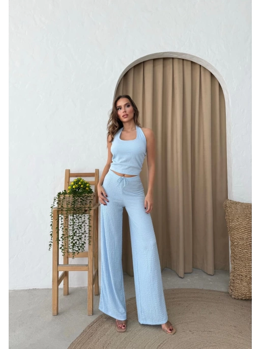 U YAKA SIRT DEKOLTE DETAY BLUZ VE PANTOLONLUGOFRE İKİLİ TAKIM MAVİ