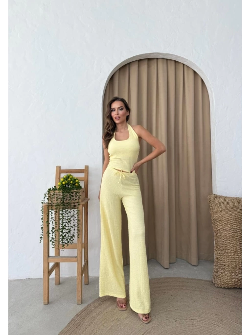 U YAKA SIRT DEKOLTE DETAY BLUZ VE PANTOLONLUGOFRE İKİLİ TAKIM SARI