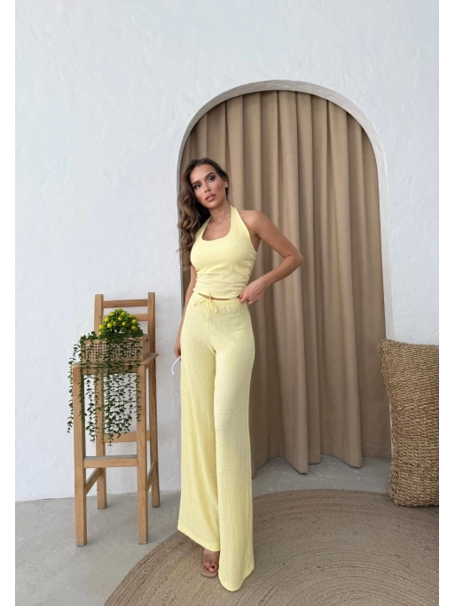 U YAKA SIRT DEKOLTE DETAY BLUZ VE PANTOLONLUGOFRE İKİLİ TAKIM SARI