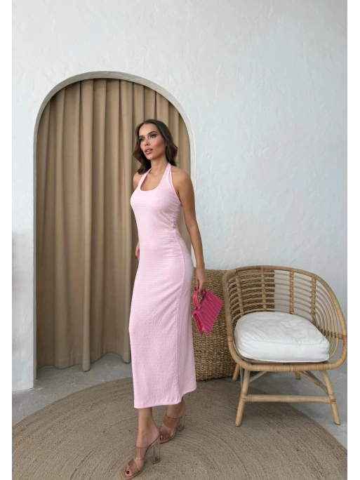 U YAKA SIRT DEKOLTE DETAY UZUN GOFRE ELBİSE PEMBE