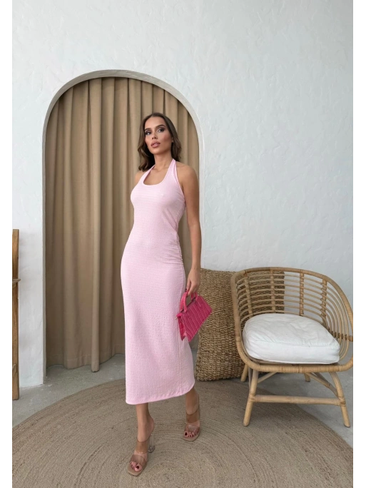 U YAKA SIRT DEKOLTE DETAY UZUN GOFRE ELBİSE PEMBE
