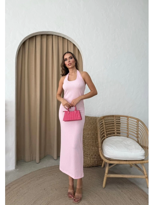 U YAKA SIRT DEKOLTE DETAY UZUN GOFRE ELBİSE PEMBE