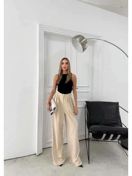 ÜÇ PİLELİ YÜKSEK BEL PALAZZO PANTOLON KREM