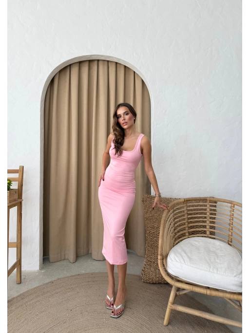 UZUN KARE YAKA SANDY ELBİSE PEMBE