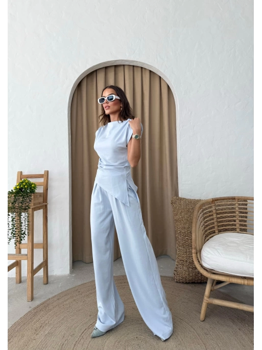 VATKALI ASİMETRİK DETAY BLUZ VE PANTOLONLU İKİLİ TAKIM MAVİ