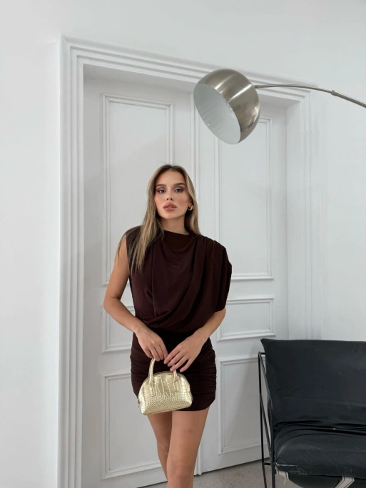 VATKALI DRAPELİ SANDY ELBİSE KAHVE