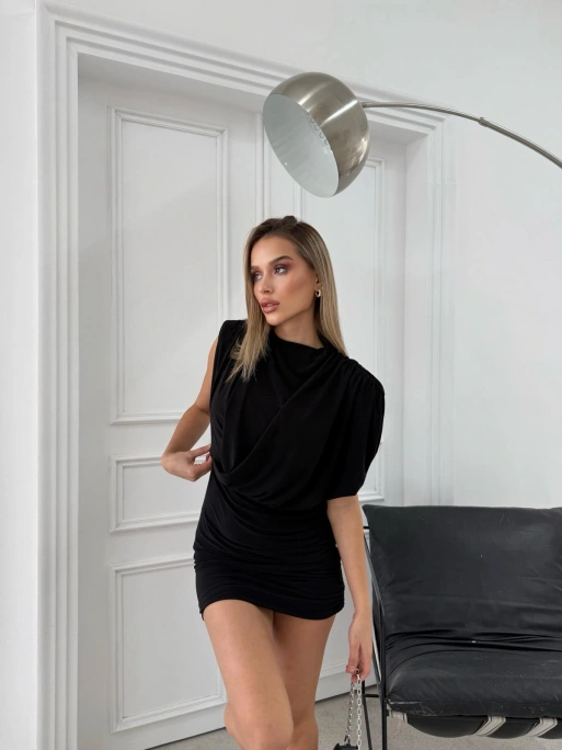 VATKALI DRAPELİ SANDY ELBİSE SİYAH