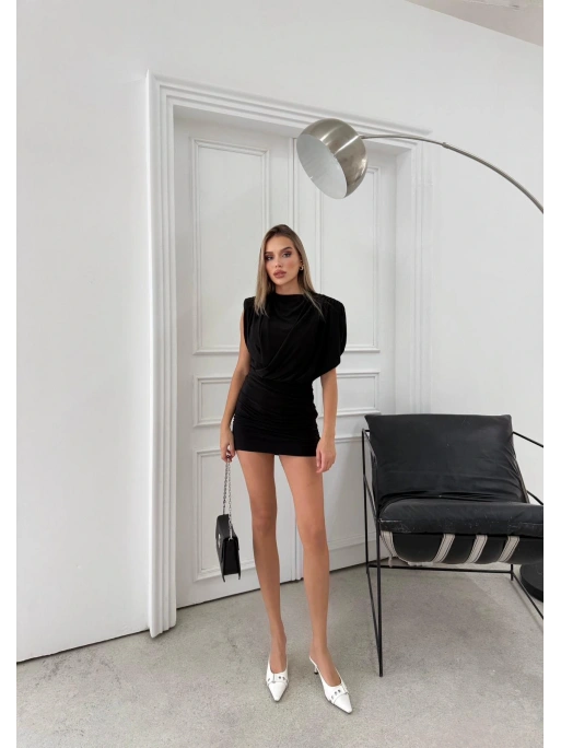 VATKALI DRAPELİ SANDY ELBİSE SİYAH