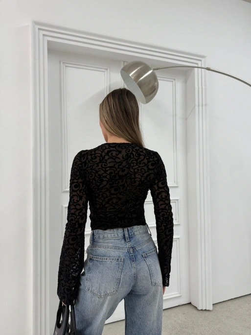 YAKA DANTEL DETAY TRANSPARAN DESENLİ BLUZ SİYAH