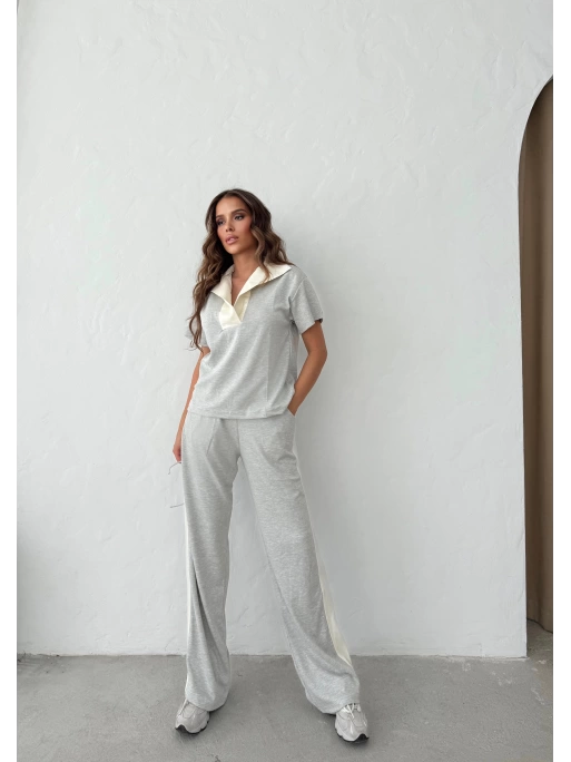 YAKA DETAY BLUZ VE ŞERİTLİ PANTOLONLU MODAL İKİLİ TAKIM GRİ