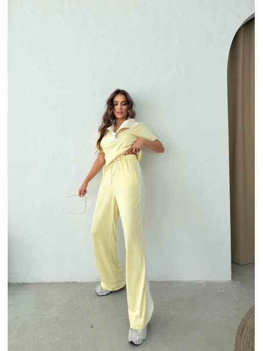 YAKA DETAY BLUZ VE ŞERİTLİ PANTOLONLU MODAL İKİLİ TAKIM SARI