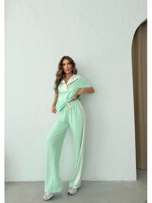 YAKA DETAY BLUZ VE ŞERİTLİ PANTOLONLU MODAL İKİLİ TAKIM YEŞİL