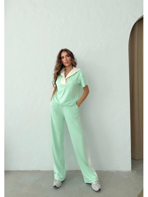 YAKA DETAY BLUZ VE ŞERİTLİ PANTOLONLU MODAL İKİLİ TAKIM YEŞİL